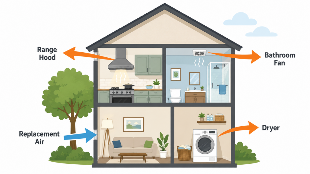 range hood, dryer, and bathroom fans contributing to whole-home exhaust airflow.