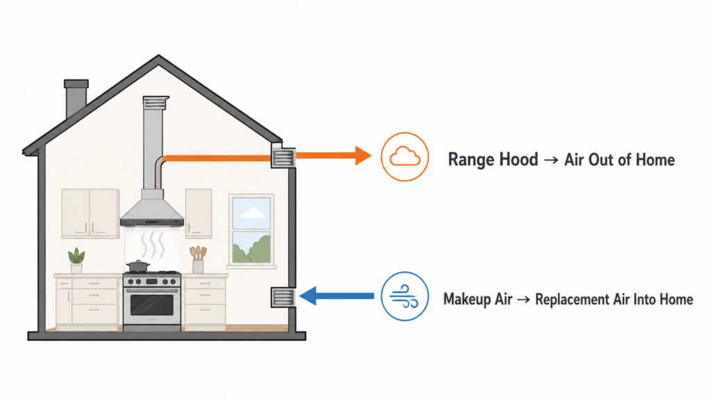 Diagram showing makeup air replacing air exhausted by a range hood.