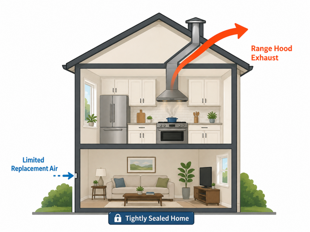 airtight home showing replacement air needed when range hood exhausts air.