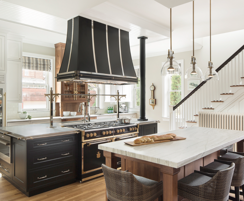 custom Modern Aire range hood in finished kitchen design